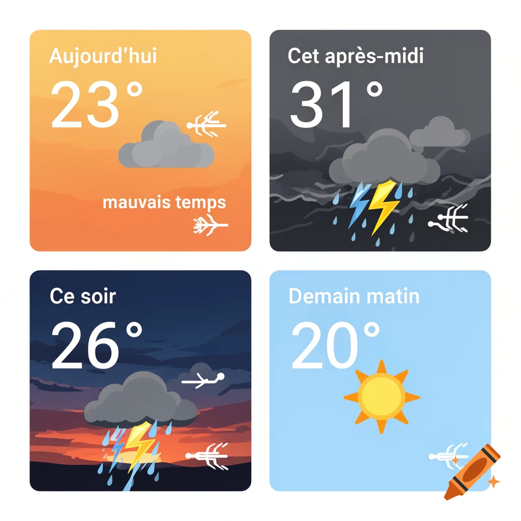 Four squares showing a weather app forecast for today, this afternoon, tonight, and tomorrow morning with temperatures and weather icons.