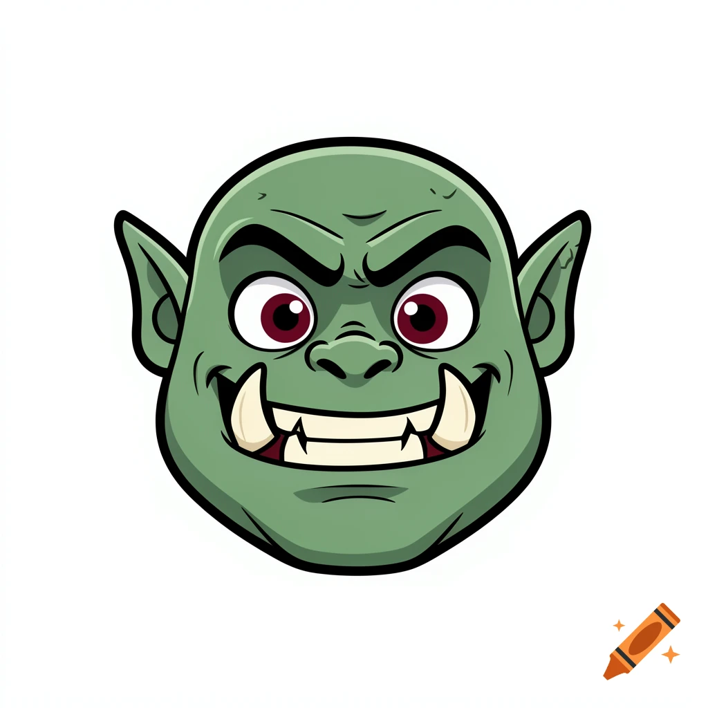 A cartoon orc face with green skin, red eyes, a grin, and large tusks on a white background.