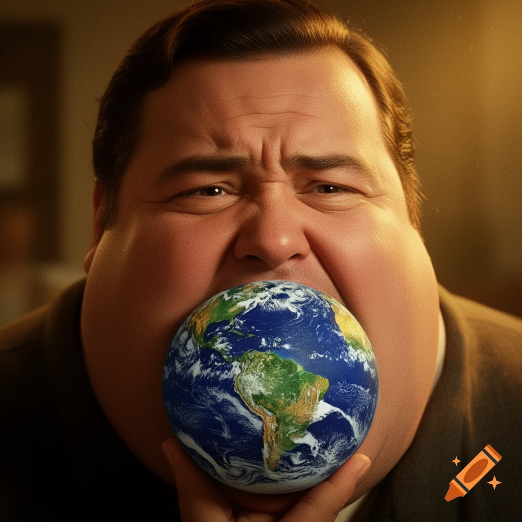 A man with a grimace holds the planet Earth in his mouth, appearing as if he is trying to eat it.