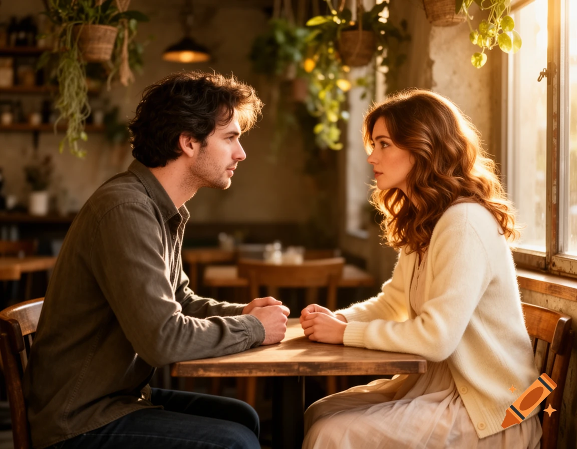 Photorealistic image of a man and a woman sitting across a table in a warm-lit cafe, looking intently at each other.