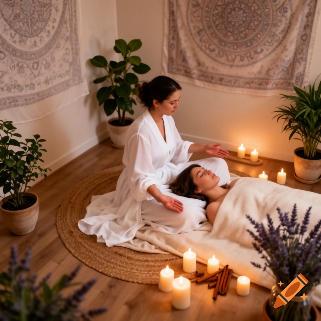 A woman in a white robe performs reiki on a client in a candlelit room with plants and patterned tapestries.
