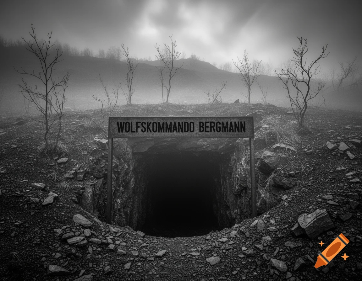 A misty, black and white image of a mine entrance with a sign reading 'Wolfskommando Bergmann' and bare trees.