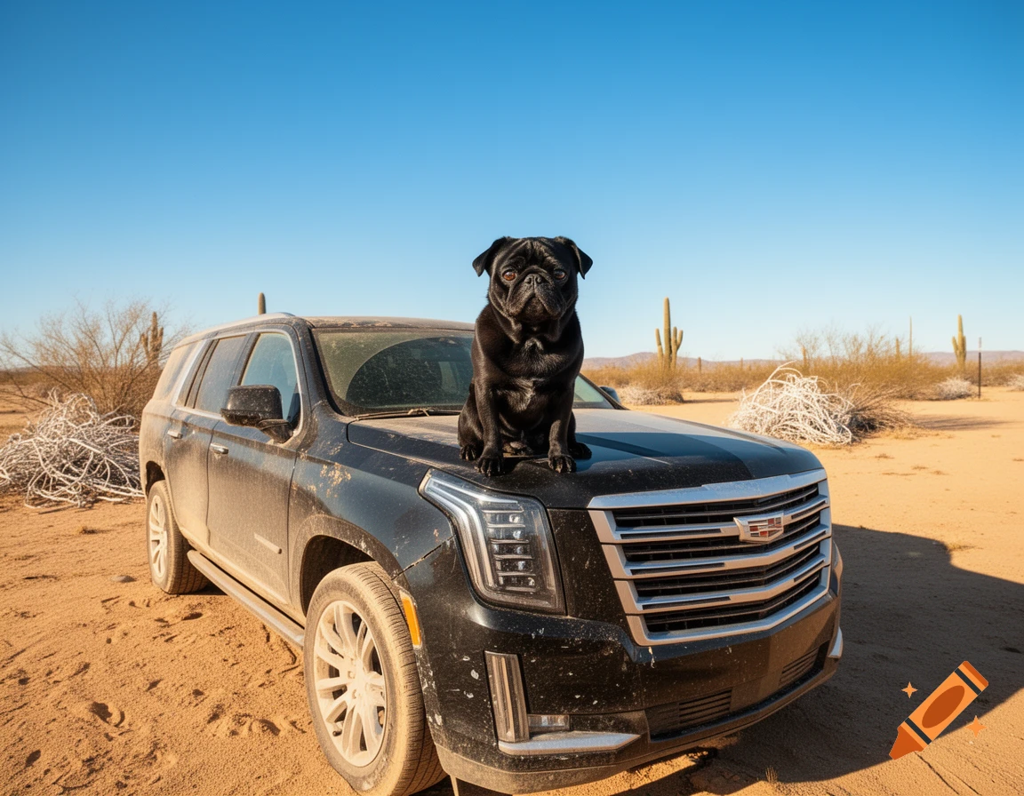 A black pug dog sits on the hood of a black Cadillac Escalade SUV in a sunny, arid desert landscape with cacti and scrub brush.