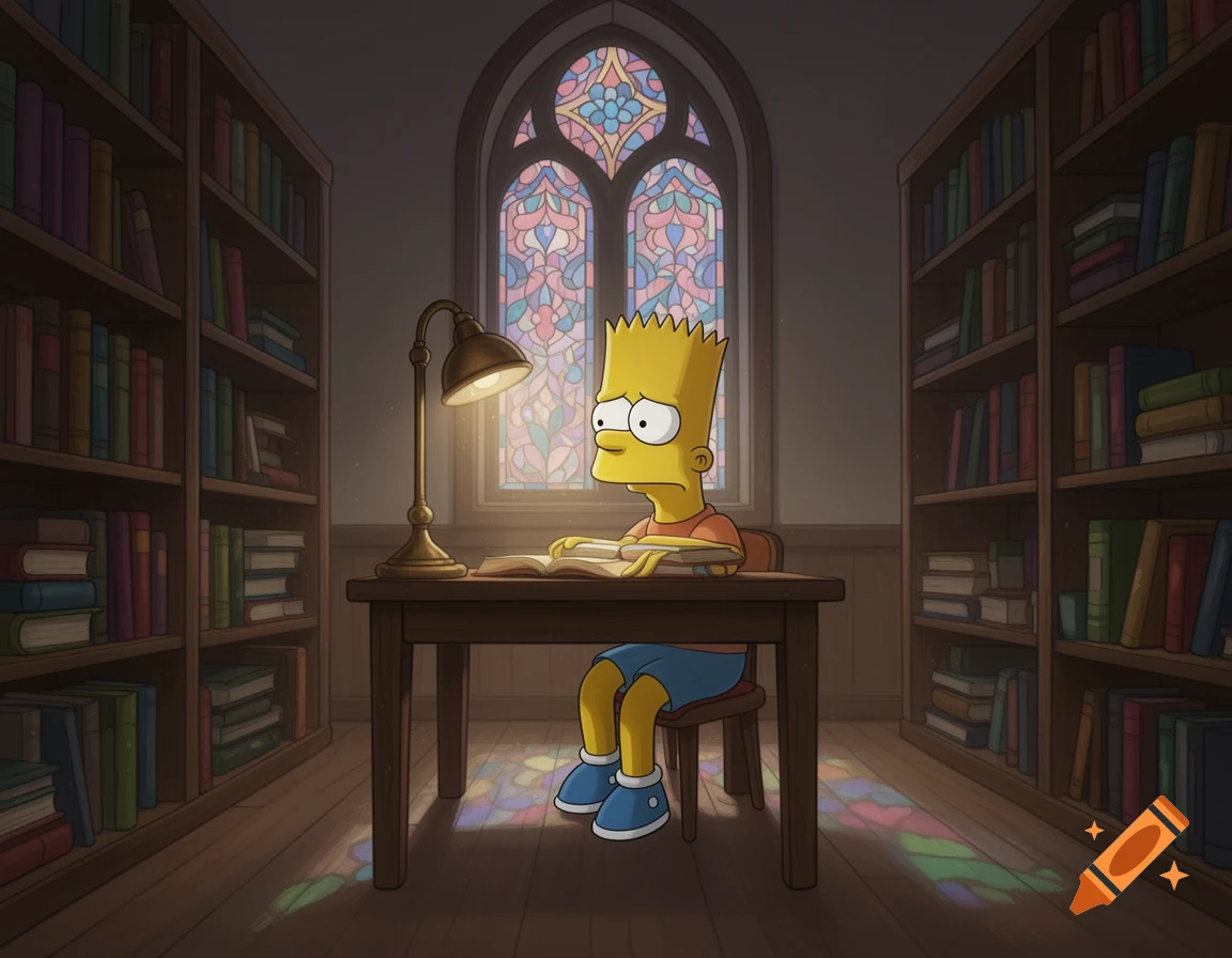 Sad Bart Simpson sits at a desk in a dimly lit library, studying a book under a desk lamp, with tall bookshelves and a stained-glass window.