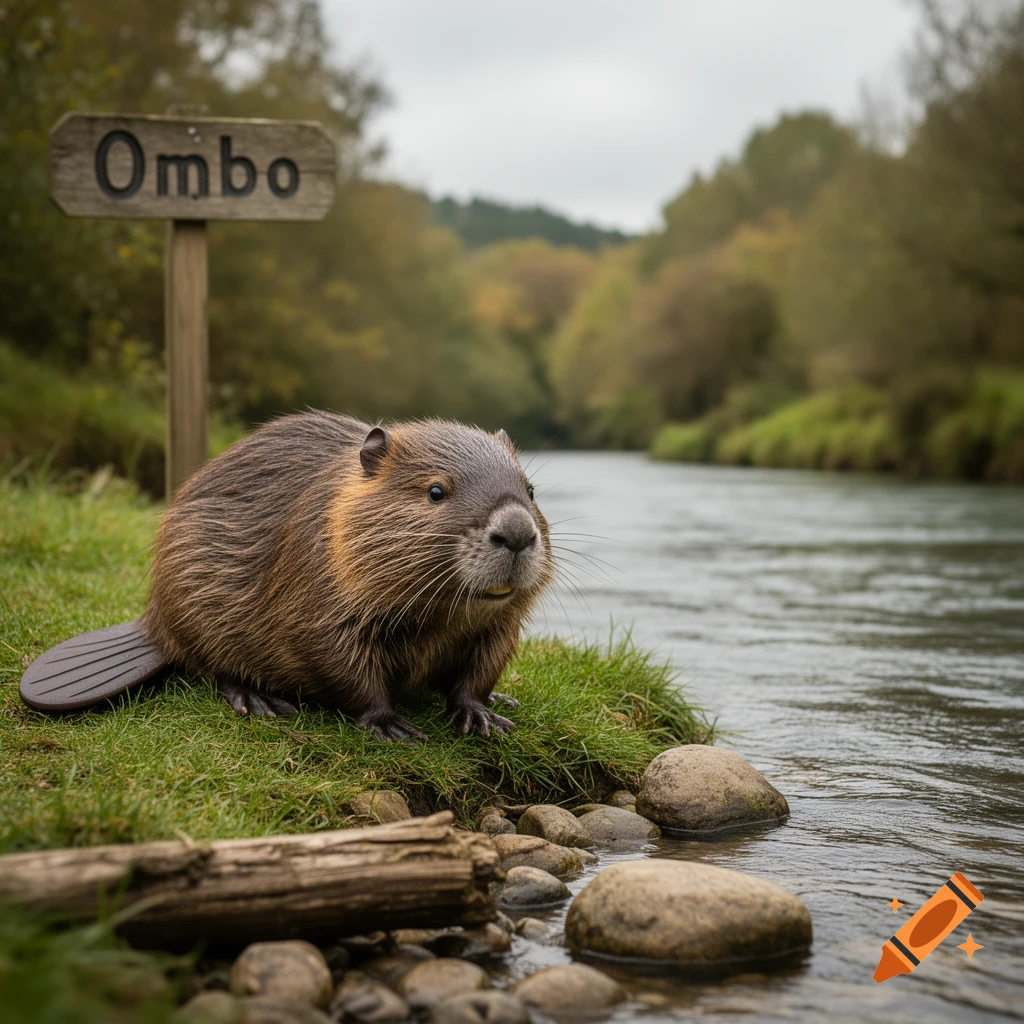 A photorealistic beaver sits on a grassy riverbank next to a wooden sign reading "Ombo", with a river and trees in the background.