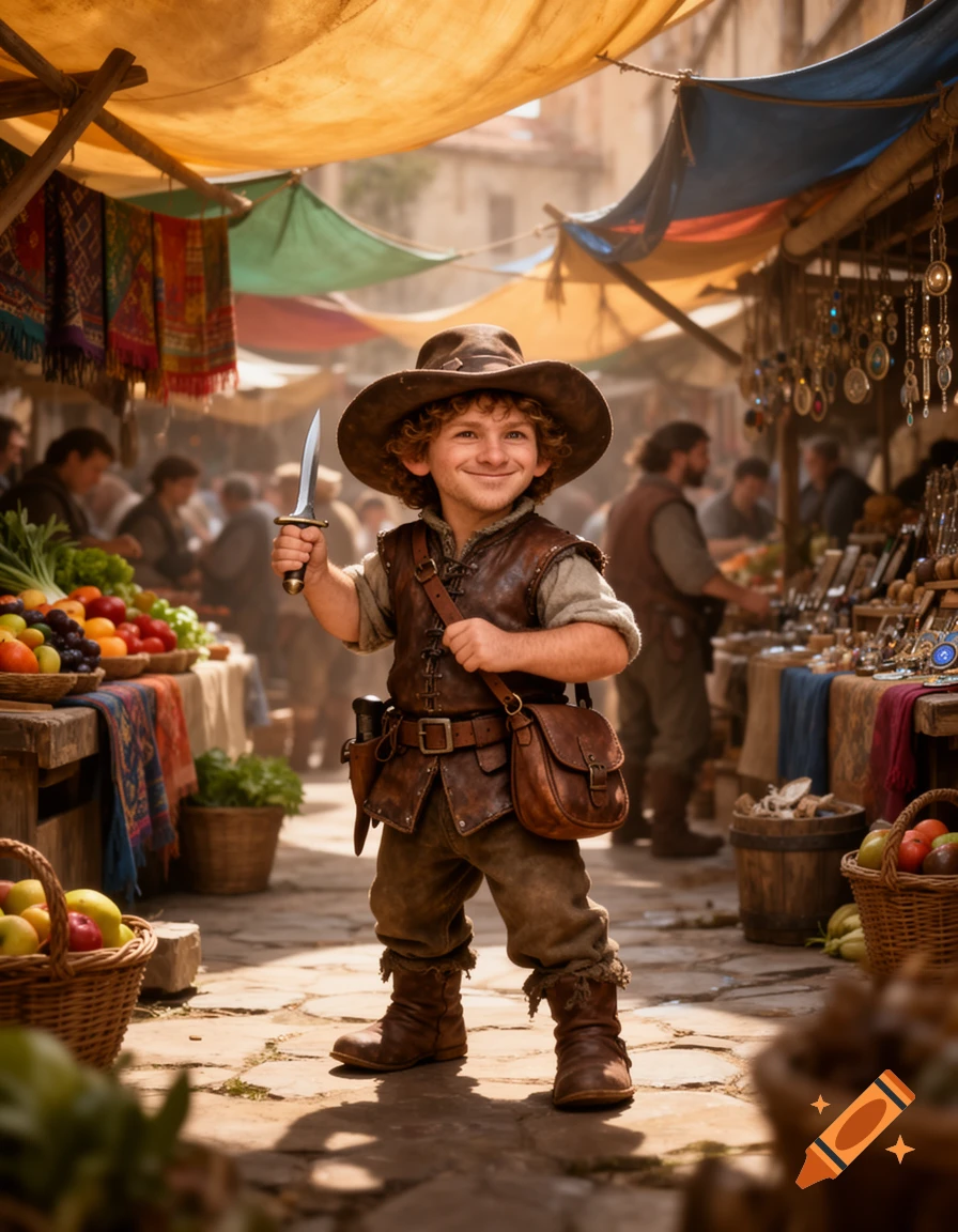 A smiling young boy dressed as a rogue in a hat and leather vest, holding a dagger in a bustling fantasy marketplace, photorealistic.