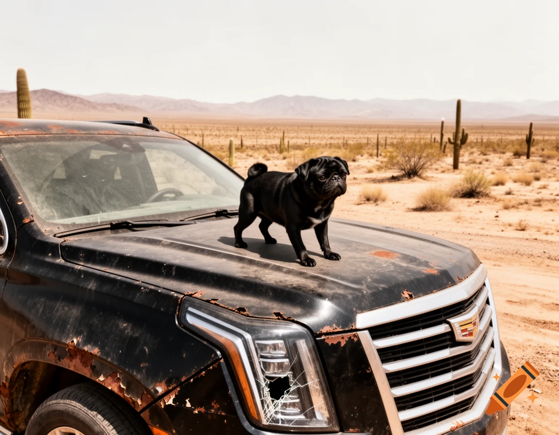 A black pug stands on the rusty hood of a black SUV in a vast, arid desert with cactuses and mountains in the distance.