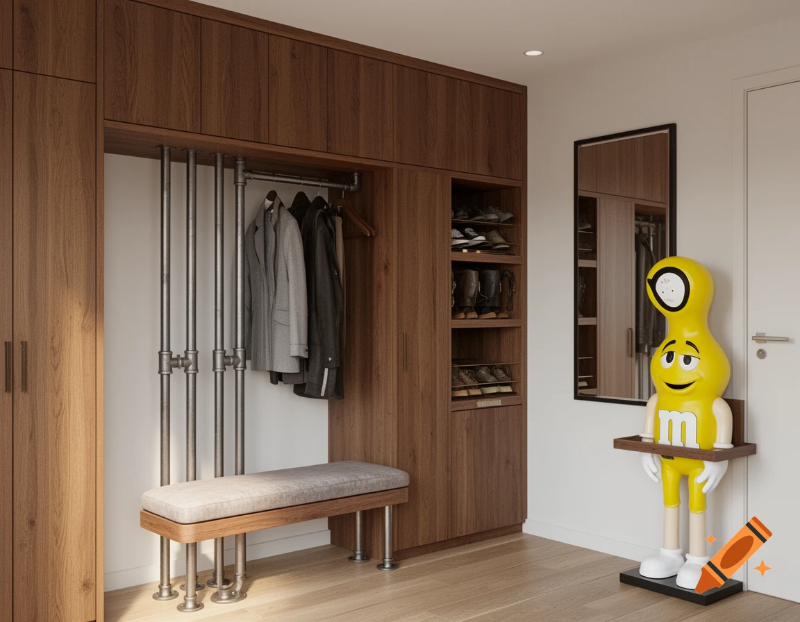 A modern walk-in wardrobe area with wooden cabinets, metal pipe clothing racks, a grey bench, and a large yellow M&M statue.