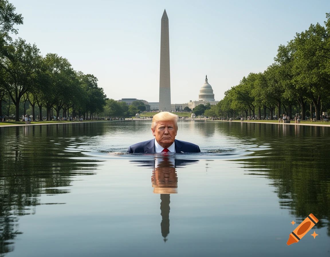 Photorealistic image of Donald Trump swimming in the Reflecting Pool, with the Washington Monument and Capitol Building in the background.