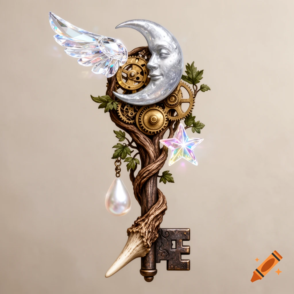 An ornate fantasy key featuring a silver crescent moon face, crystal wing, brass gears, twisted oak branch, glass star, pearl droplet, and an antler shard, in a storybook style.
