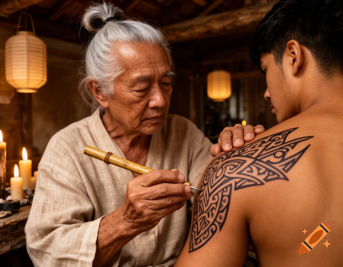 An older man with a bun uses a bamboo tool to tattoo a tribal design on a younger man's shoulder in a warm, dimly lit room.