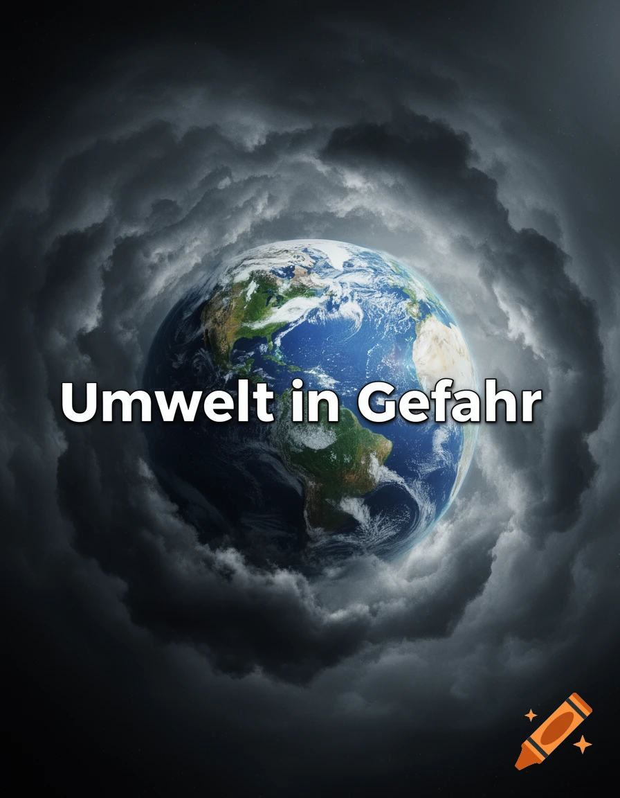 The Earth surrounded by dark, stormy clouds with 'Umwelt in Gefahr' text.