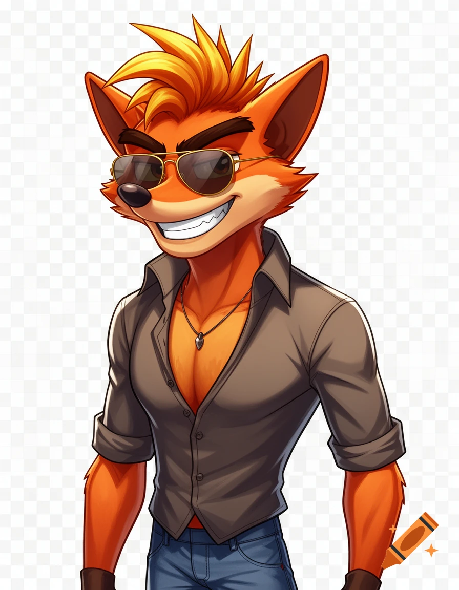 Crash Bandicoot, stylized as a confident visual novel sprite, wearing sunglasses and an open shirt, on a transparent background.