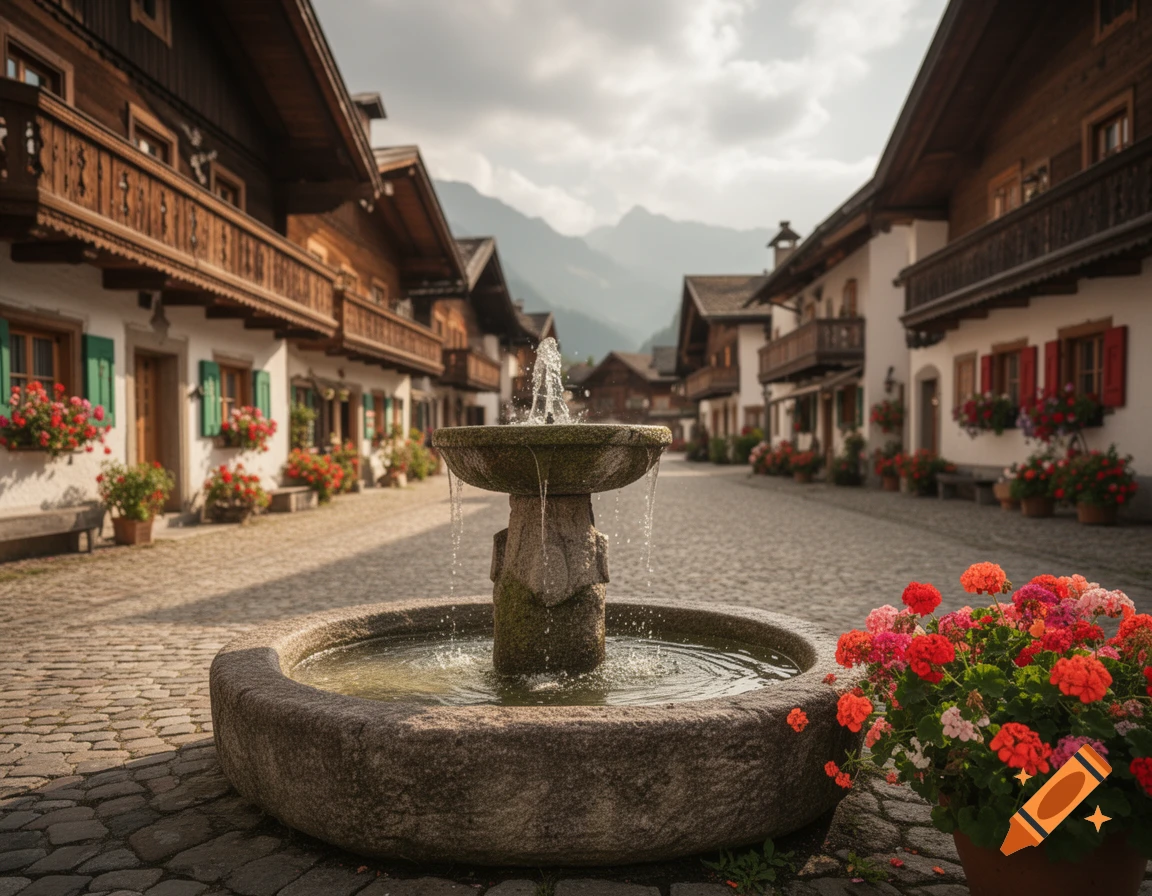Photorealistic view of a charming old village street lined with Tyrolean-style houses and flower boxes, centered on a stone fountain.