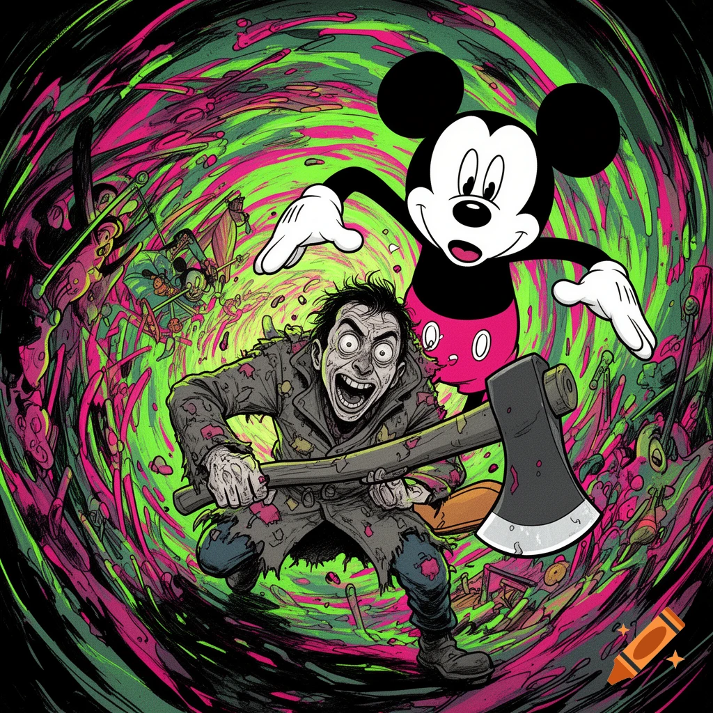 Stylized comic art depicting a frantic man with an axe lunging at Mickey Mouse amidst a swirling neon green and pink background.