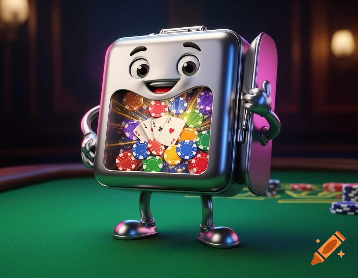 A shiny metallic anthropomorphic poker case with a friendly face, holding poker chips and cards, stands on a green casino table.