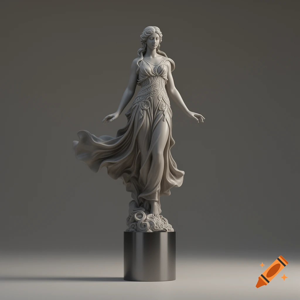 A white classical-style statue of a graceful woman in a flowing dress, standing on a metal pedestal against a grey background.
