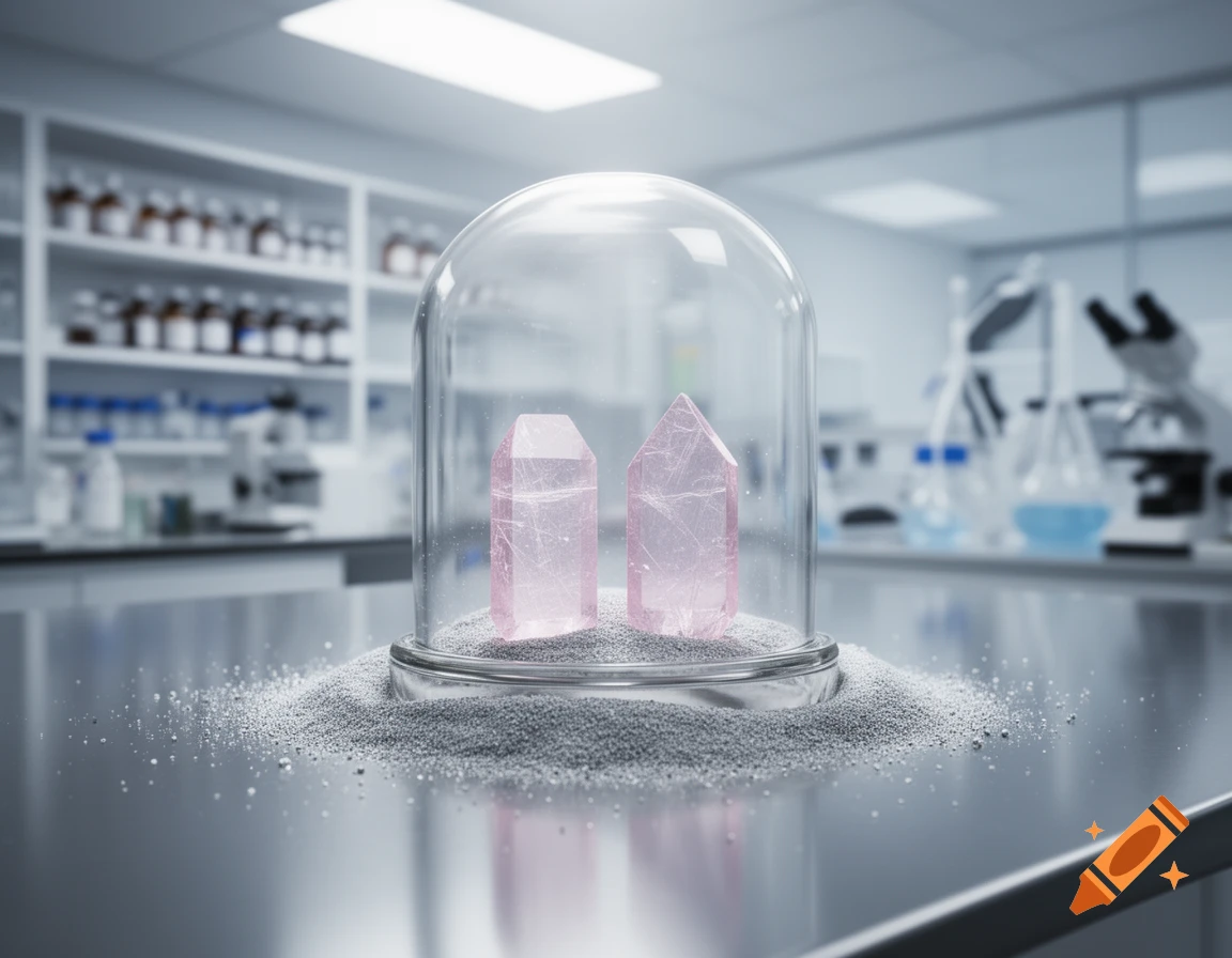 Two pink crystals inside a glass bell jar on a shiny laboratory counter with blurred science equipment in the background.