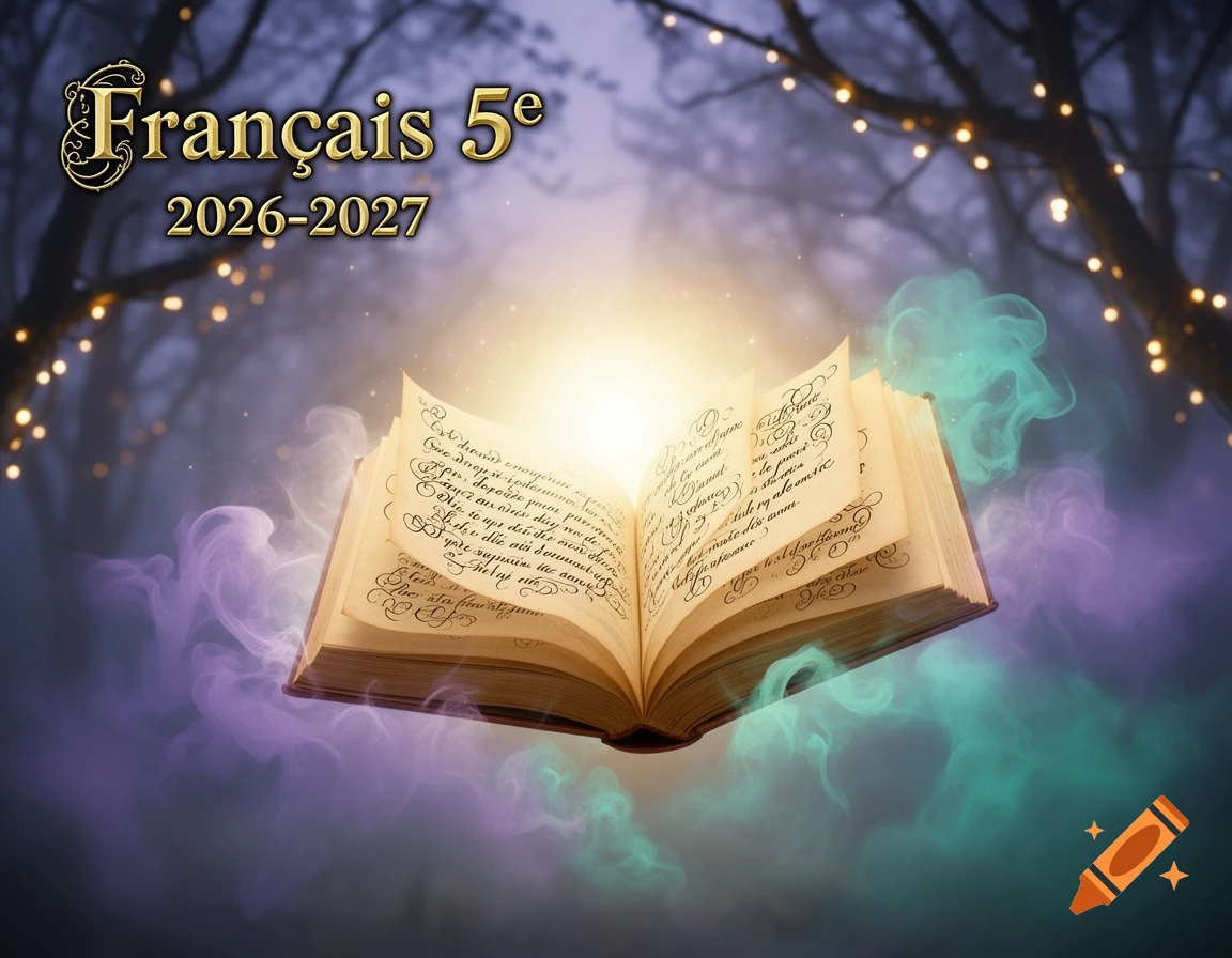 A magical open book titled "Français 5e 2026-2027" floating amidst purple and green mist in a dark forest with twinkling lights.