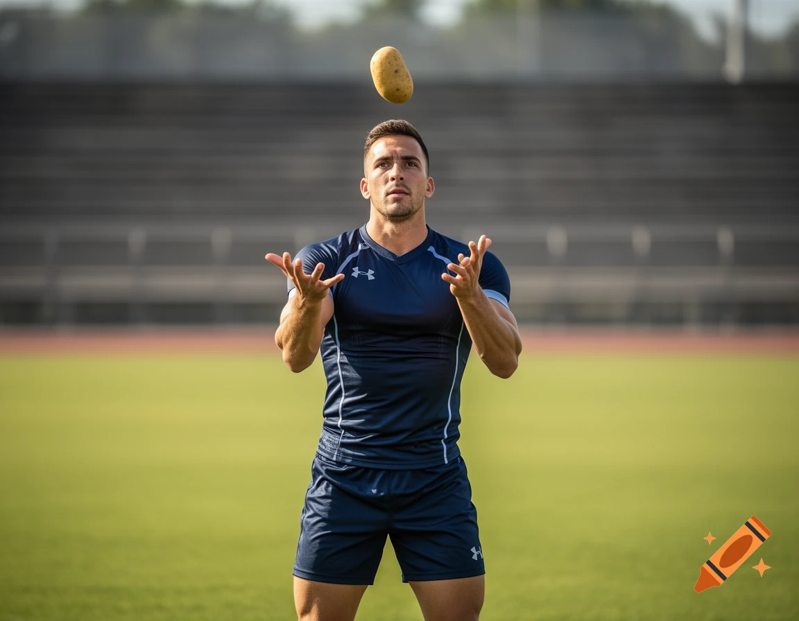 A male athlete in a navy sportswear top and shorts juggles a potato on a green sports field with stadium seating in the background.