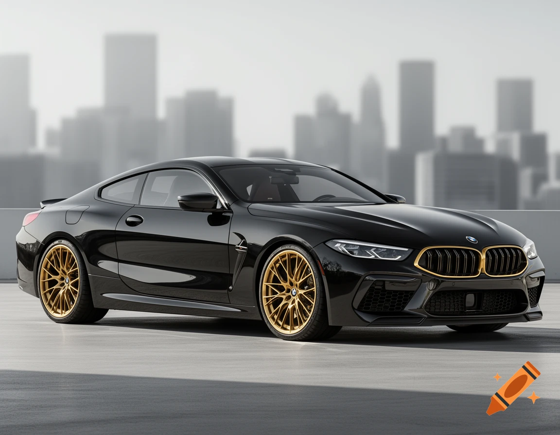 A black BMW M8 Competition coupe with golden wheels parked on a grey surface in front of a blurred city skyline.