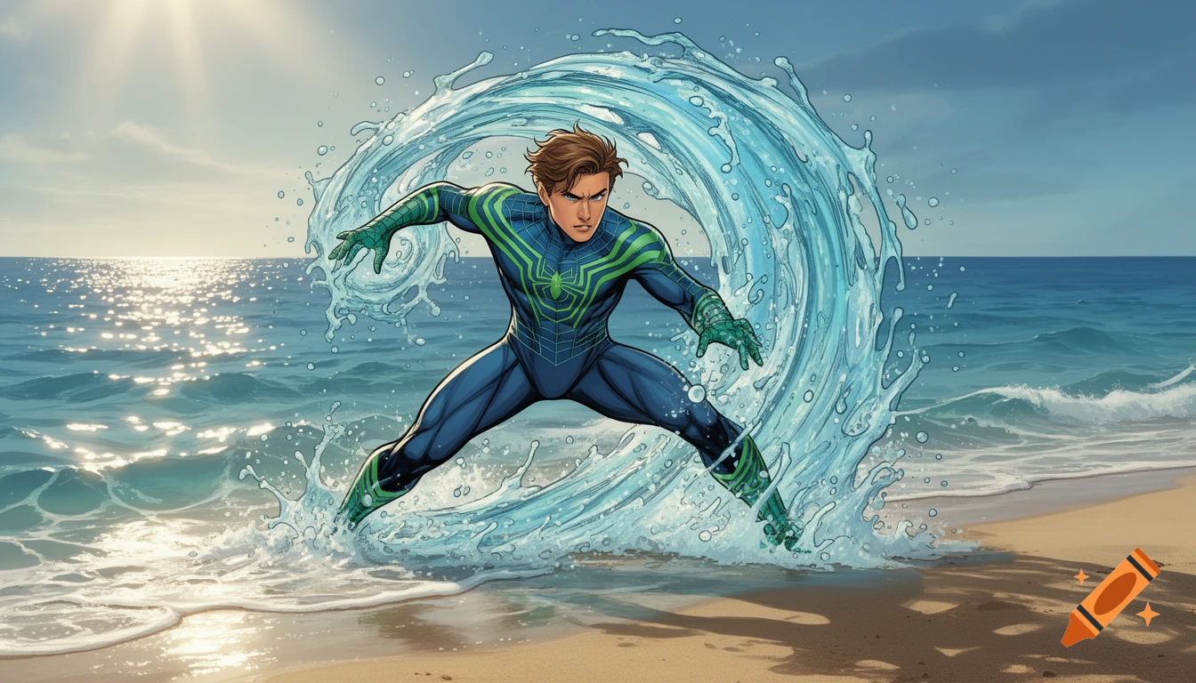 Vibrant comic book style illustration of a male superhero in a blue and green suit dynamically manipulating a large wave on a sunny beach.