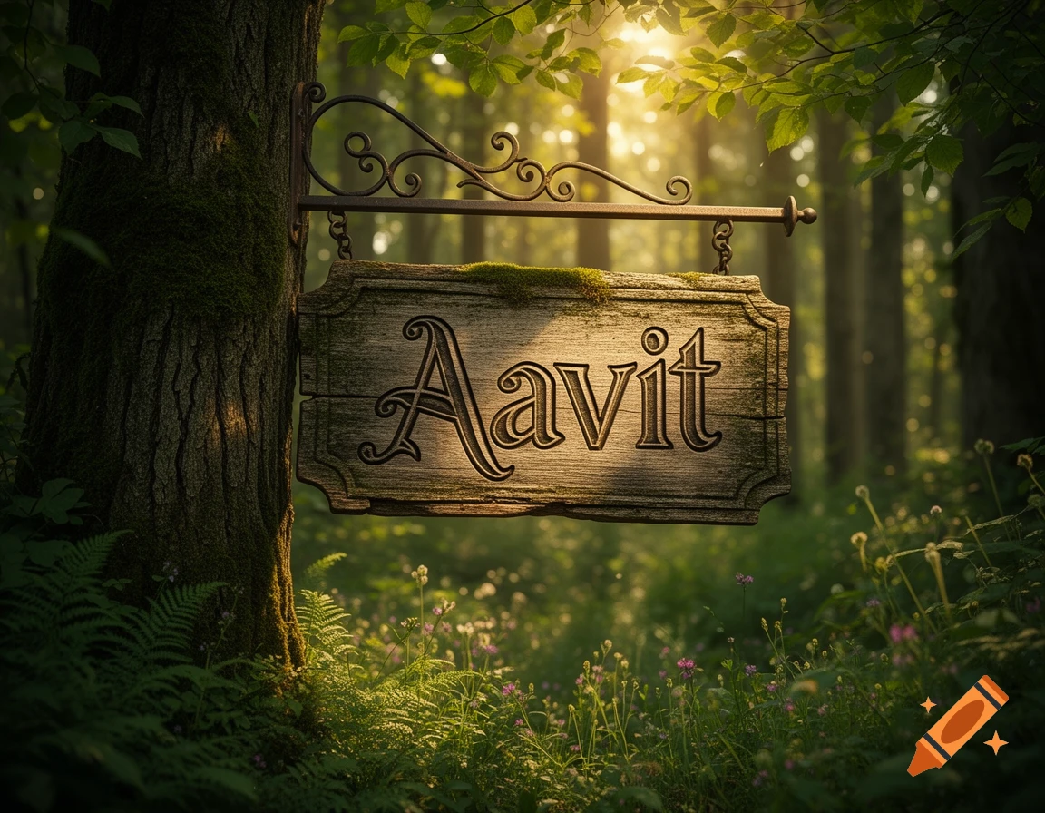 An ornate wooden sign with "Aavit" etched into it, hanging from a mossy tree in a sun-dappled forest.