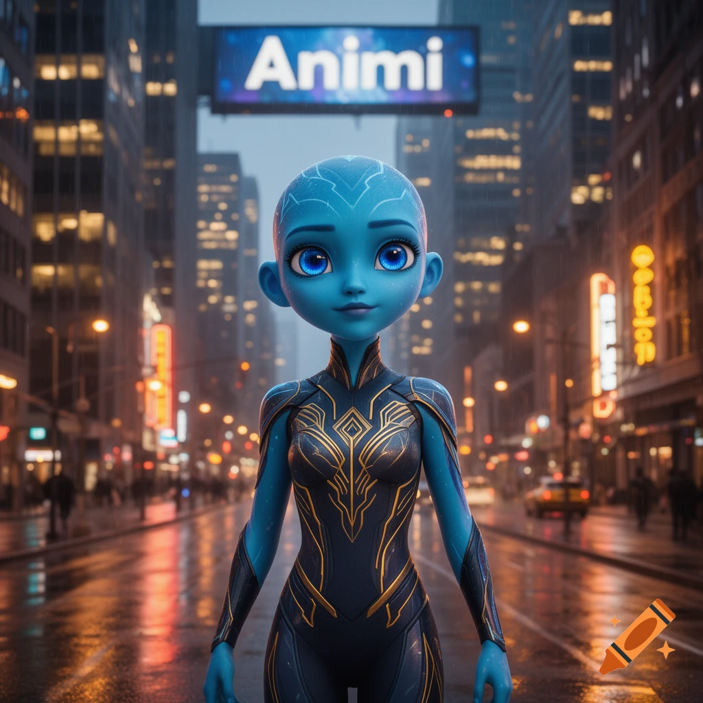 A blue-skinned animated character in a black and gold suit stands on a rainy city street with glowing signs, including one that reads 'Animi'.