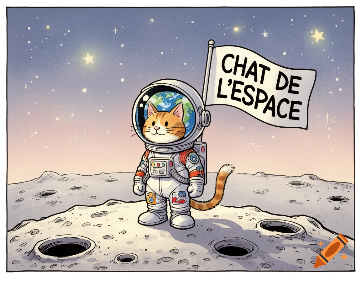 Cartoon ginger cat astronaut stands on the moon, holding a flag that says "CHAT DE L'ESPACE" under a starry sky.
