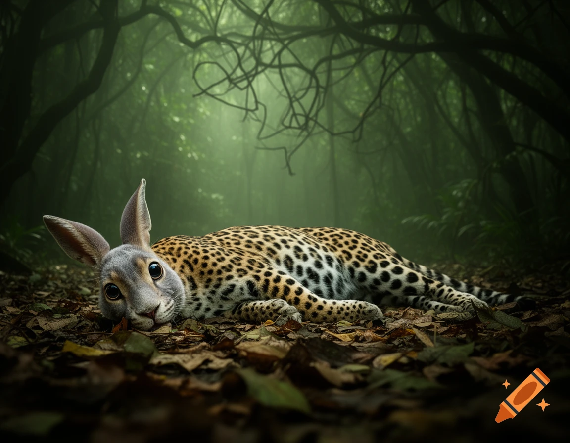 A fantastical creature with a rabbit's head and a leopard's body lies on a leaf-covered forest floor, looking into the camera. The background is a misty green forest.