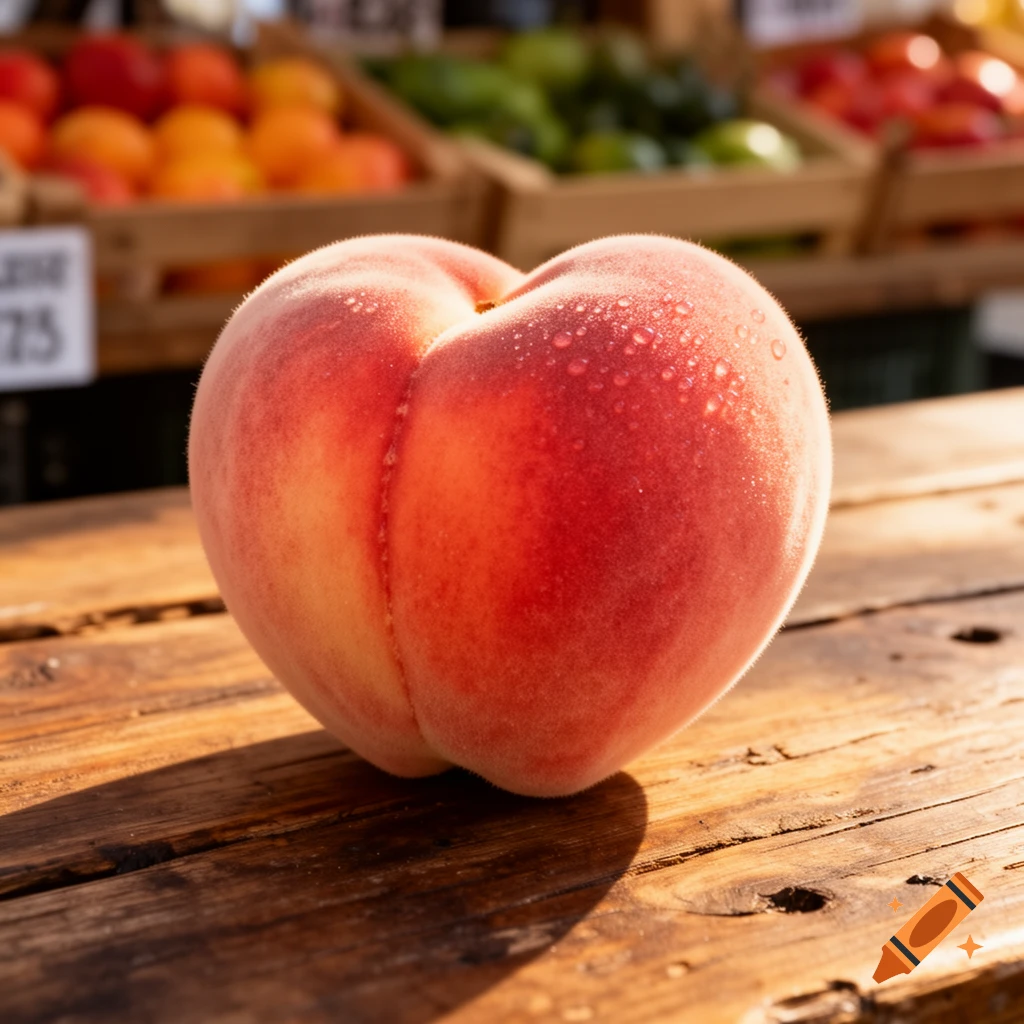 A fresh, dew-covered peach with a heart-like shape rests on a rustic wooden table at a vibrant outdoor market.