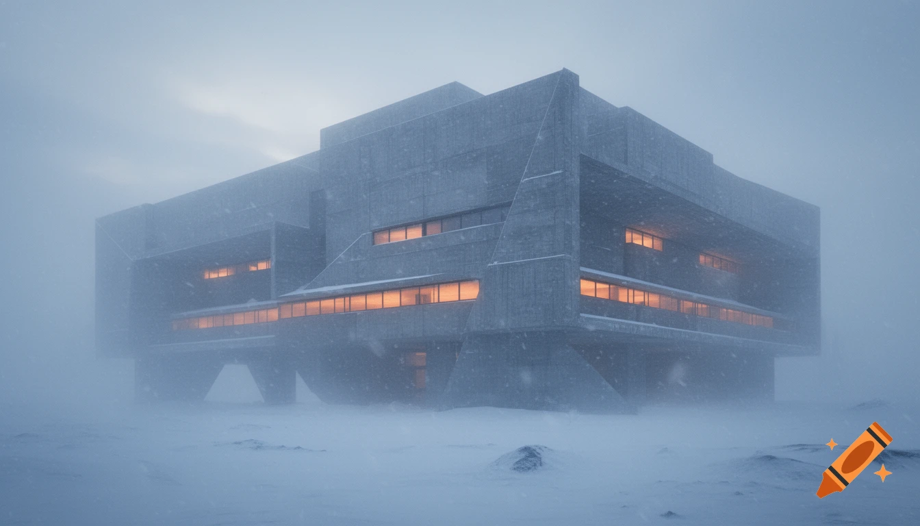 Massive brutalist concrete building with glowing orange windows stands in a severe snowstorm.