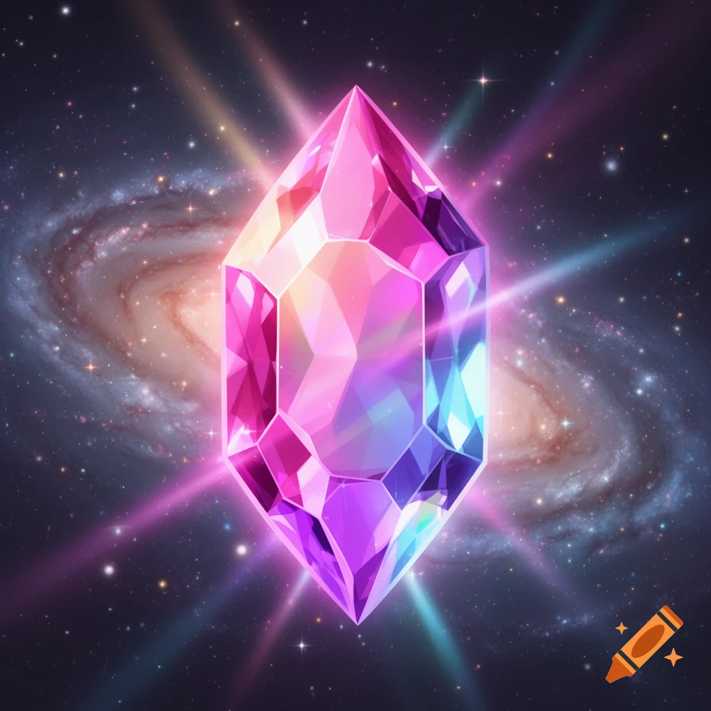 A glowing, faceted pink and purple crystal floats in deep space with a spiral galaxy and stars in the background.
