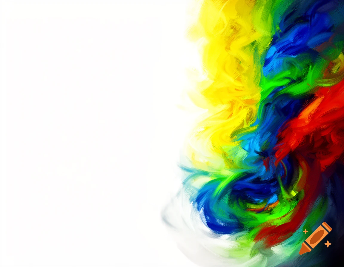 Abstract painting with vibrant yellow, blue, green, and red brushstrokes on the right, contrasting with a clean white background.