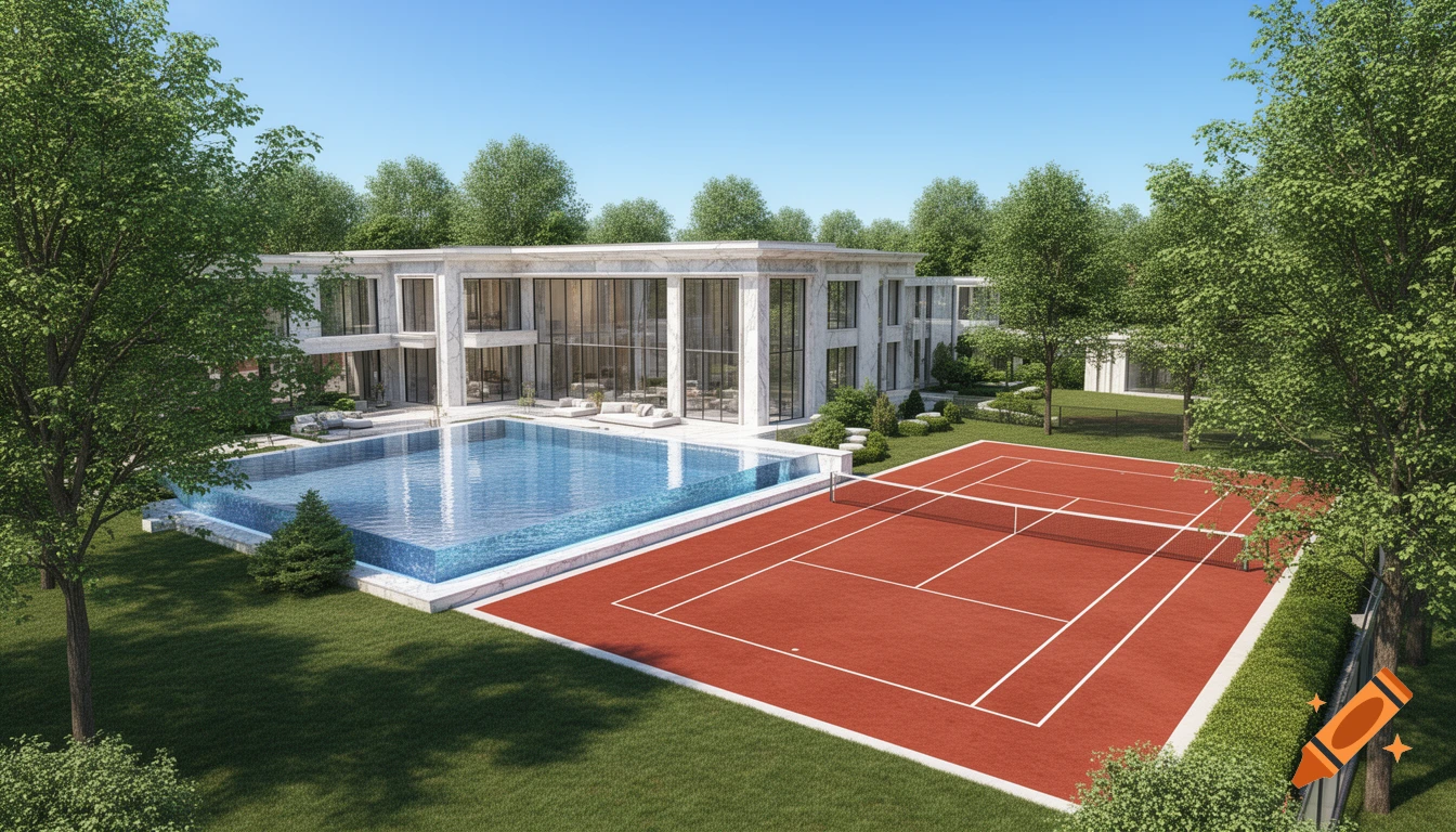 Aerial view of a luxurious modern house with a large swimming pool and a red tennis court, surrounded by lush green trees.