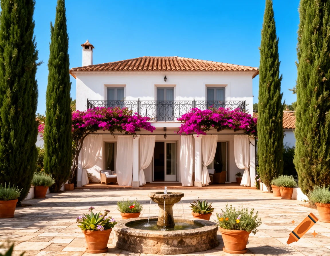 A beautiful white Mediterranean house with a red-tiled roof, pink bougainvillea on a balcony, a stone fountain in a paved courtyard, and tall cypress trees under a clear blue sky.