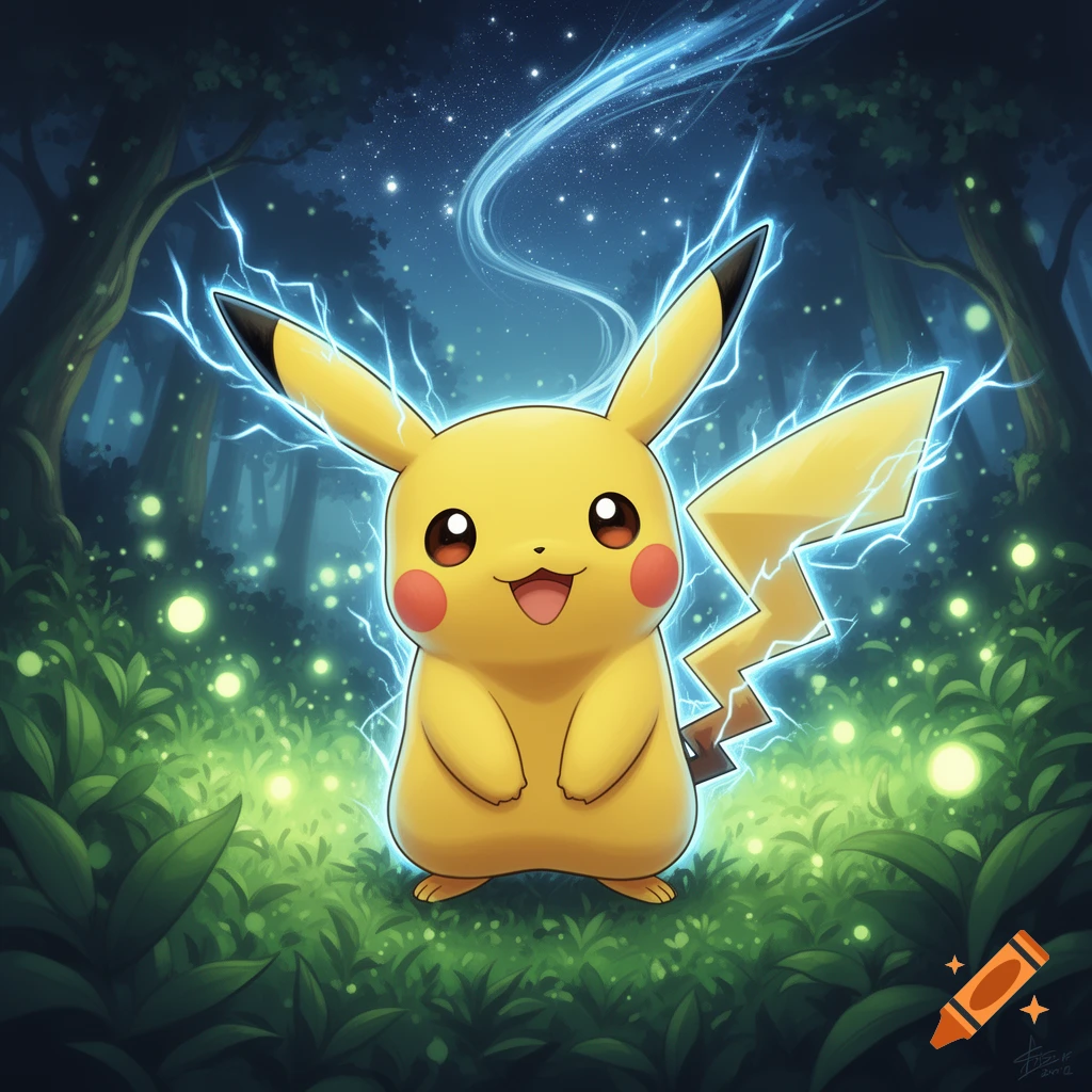 Pikachu stands in a mystical, dark forest filled with glowing plants and lightning arcing around it.