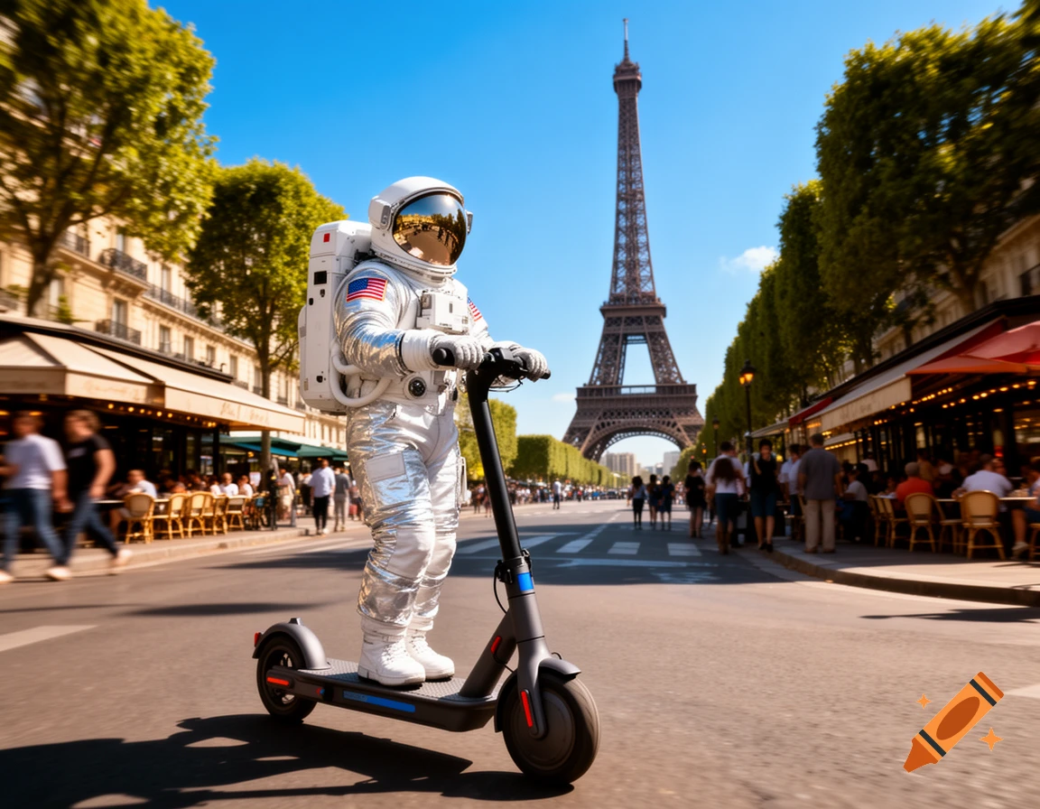 Astronaut in a silver suit riding an electric scooter down a sunny street in Paris, with the Eiffel Tower in the distance.