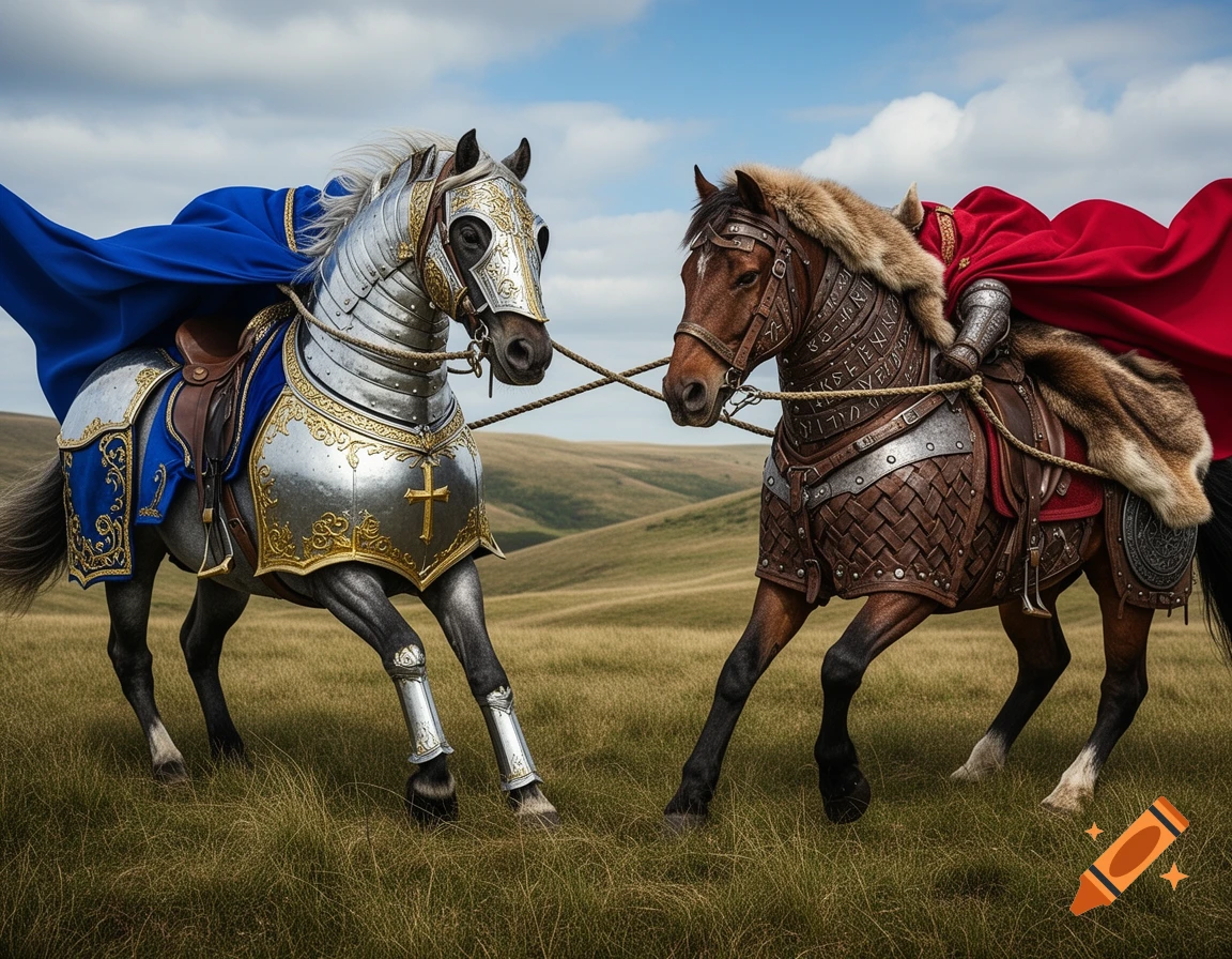 Two armored horses, one in silver knight armor with a blue cape and the other in leather viking armor with a red cape, stand in a grassy field.