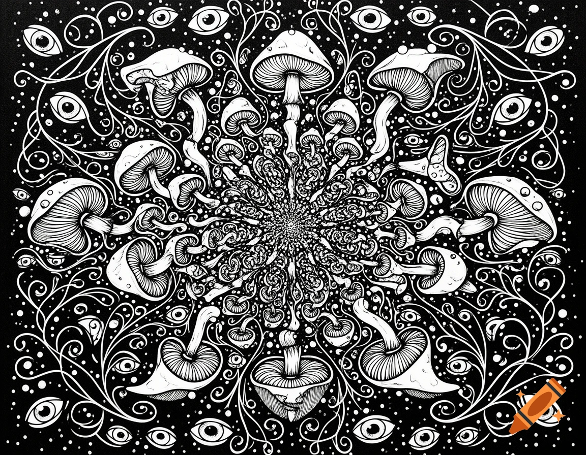 A highly detailed, psychedelic black and white illustration of mushrooms, swirling vines, and numerous eyes.