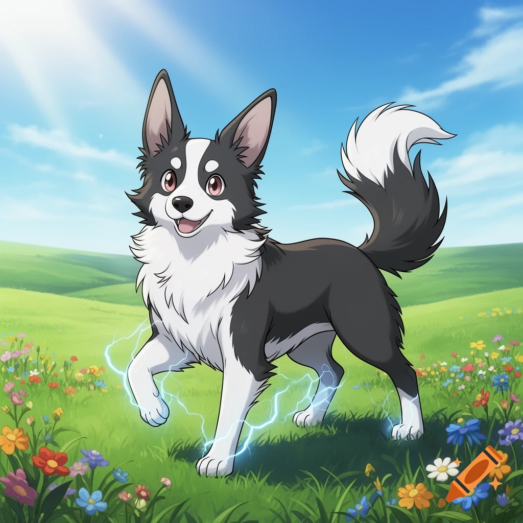 A black and white anime border collie dog with electric energy around its paws stands in a vibrant flower field under a sunny sky.