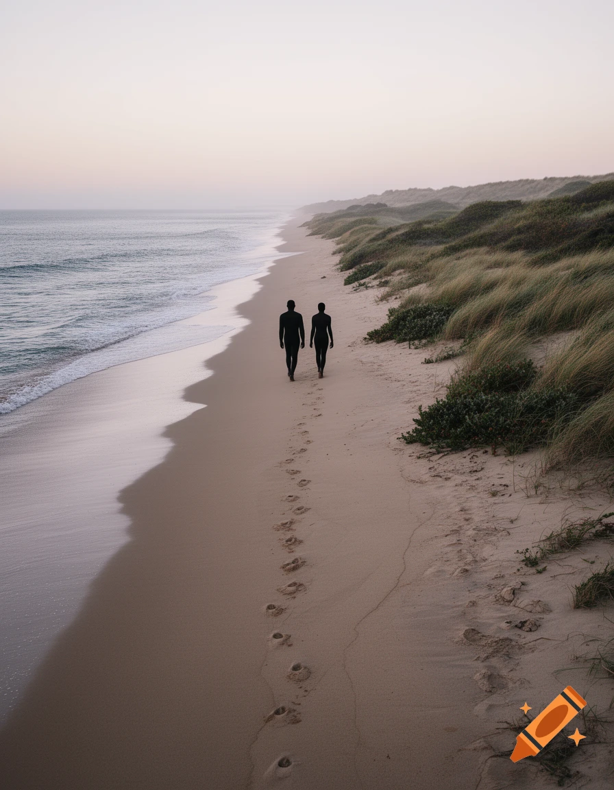 Two silhouetted figures walk on a sandy beach at sunrise, leaving footprints. Ocean on the left, dunes with grass on the right.