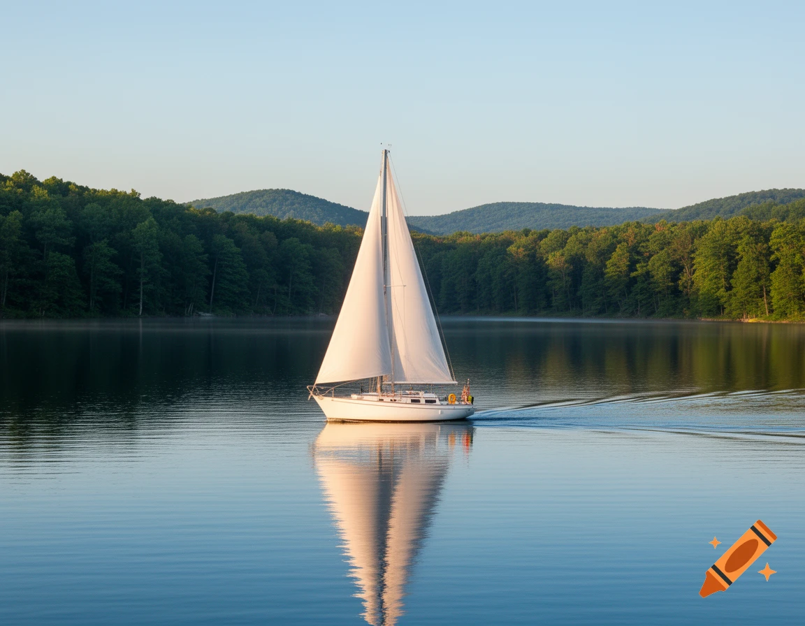 A white sailboat glides on a calm lake, reflecting its sails, surrounded by green forested hills under a clear blue sky. Photorealistic.