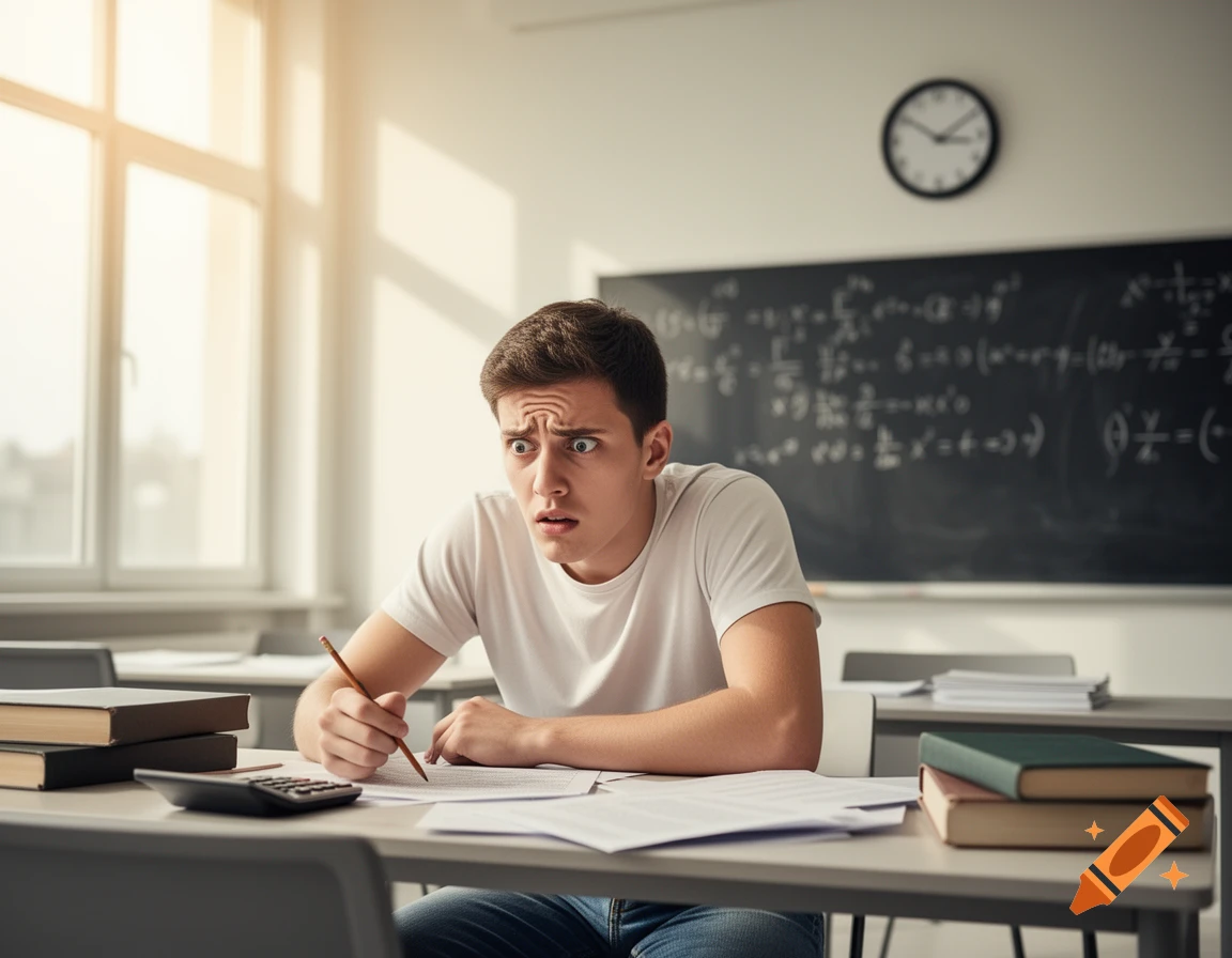A stressed male student in a white t-shirt takes a math exam at a desk in a sunny classroom, looking bewildered.
