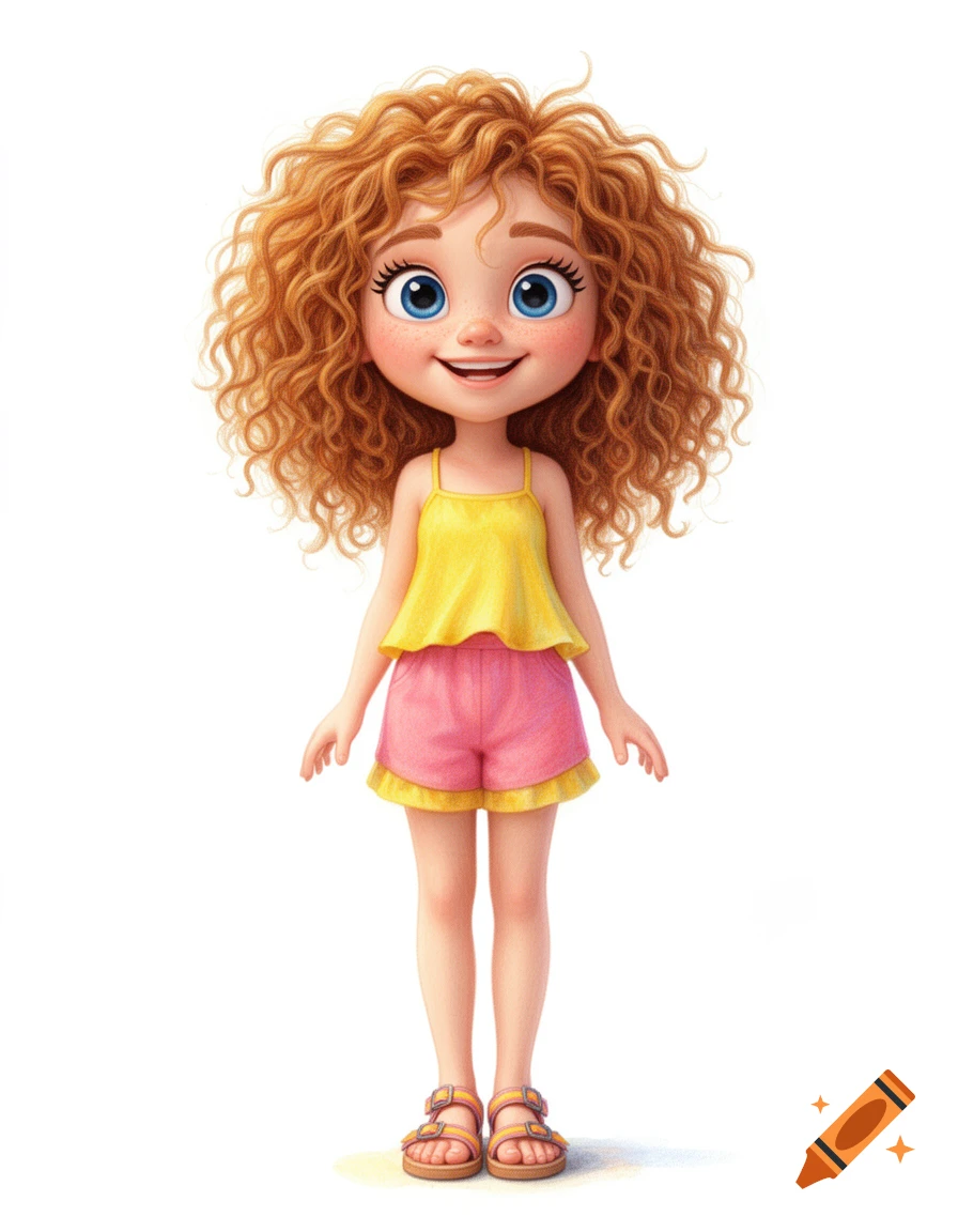A whimsical 3D cartoon girl with messy red curly hair, big blue eyes, freckles, wearing a yellow top and pink shorts.