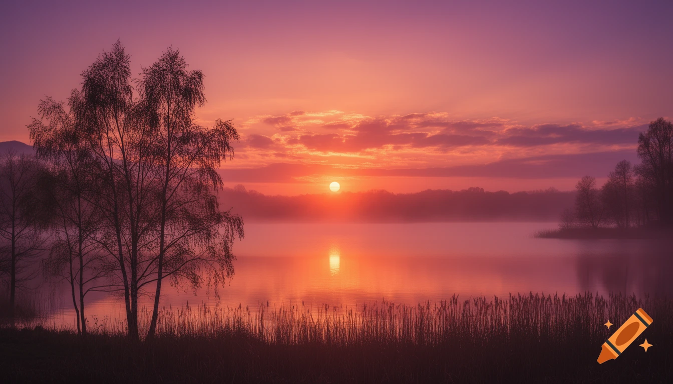A serene sunset over a misty lake, with silhouetted trees and reeds in the foreground, and the sky glowing in shades of pink, orange, and purple.