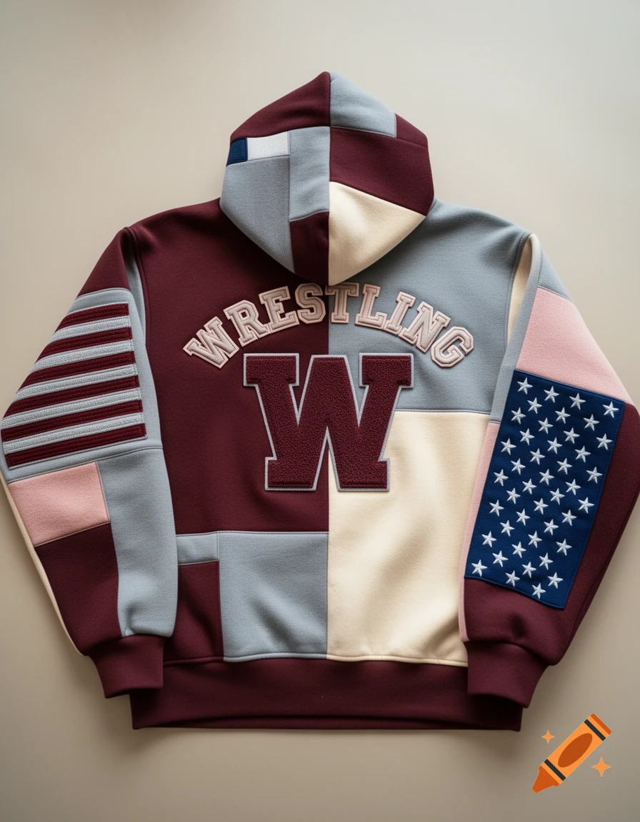 Patchwork hoodie in maroon, light grey-blue, cream, and light pink, featuring a varsity W and WRESTLING text, with American flag stripes and stars on sleeves.