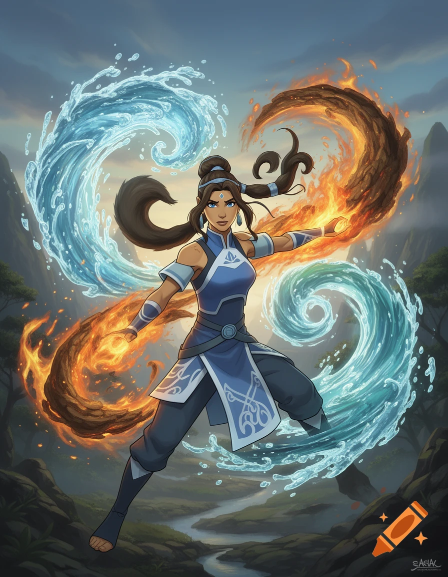 Korra from Avatar bends swirling blue water and fiery orange energy in an action pose amidst a fantasy landscape.