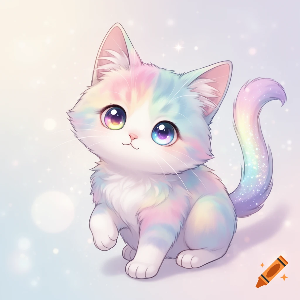 A cute, fluffy anime cat with rainbow-colored fur, large sparkling eyes, and a glittery tail sits against a soft, bright background.