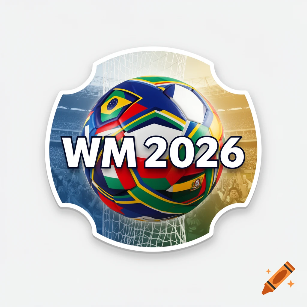 A soccer ball decorated with national flags and 'WM 2026' text, centered over a blurred stadium and goal net.